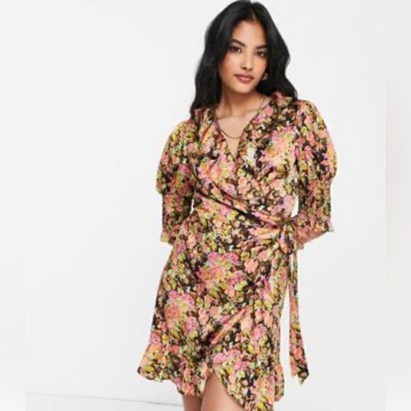 Topshop floral ruffle wrap mini dress in multi - Picture 1 of 7
